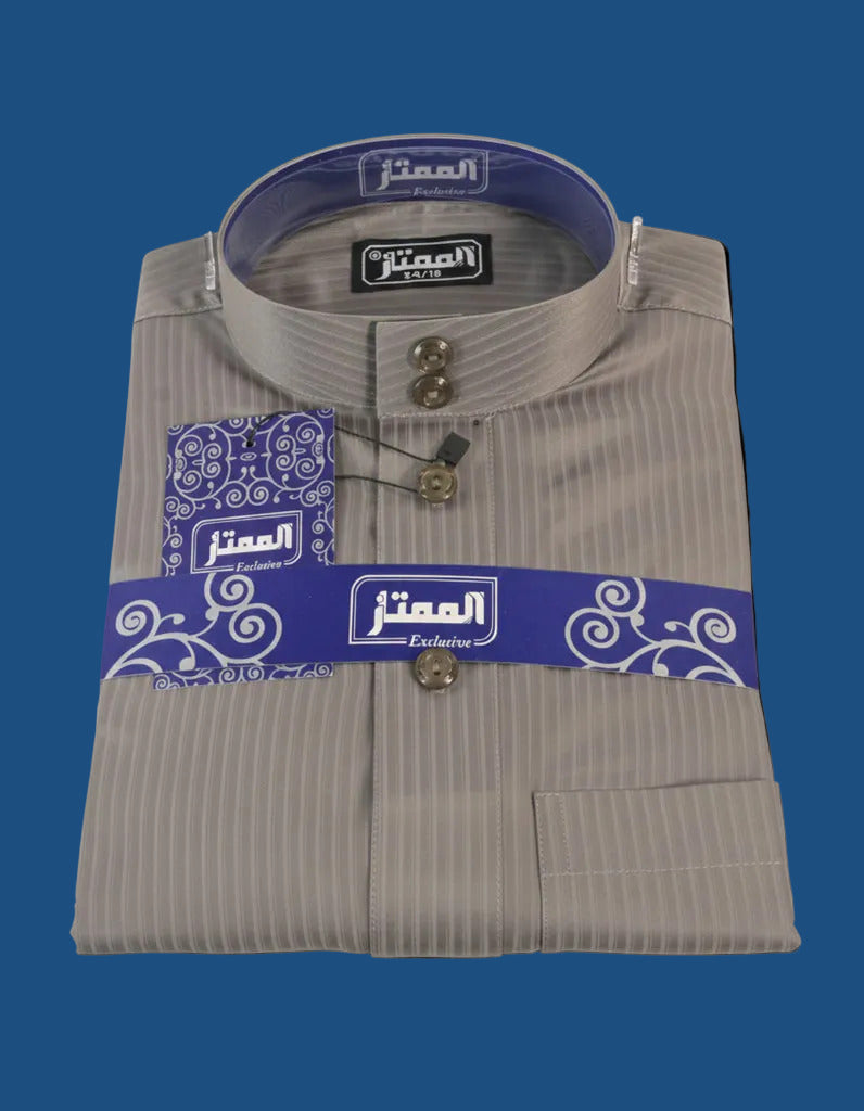 Premium bronze Haramain striped thobe for men - full front view showing elegant collar and cuff detailing