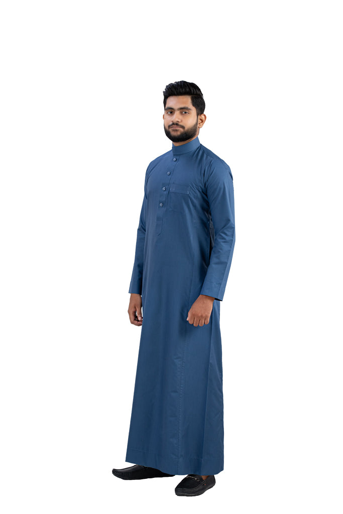 Dark Blue Cotton Thobe - Side Profile View | Authentic Islamic Wear AlMumtaz