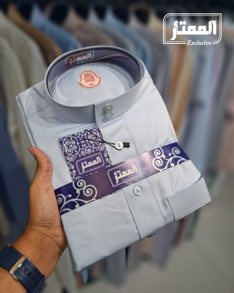 Prime Weave light blue cotton thobe for men - full length view - premium Islamic wear AlMumtaz