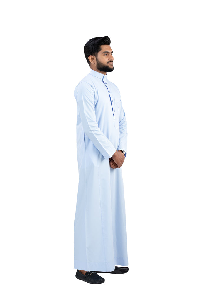 Premium Sky Blue Cotton Thobe for Men - Side Angle View | AlMumtaz Islamic Wear