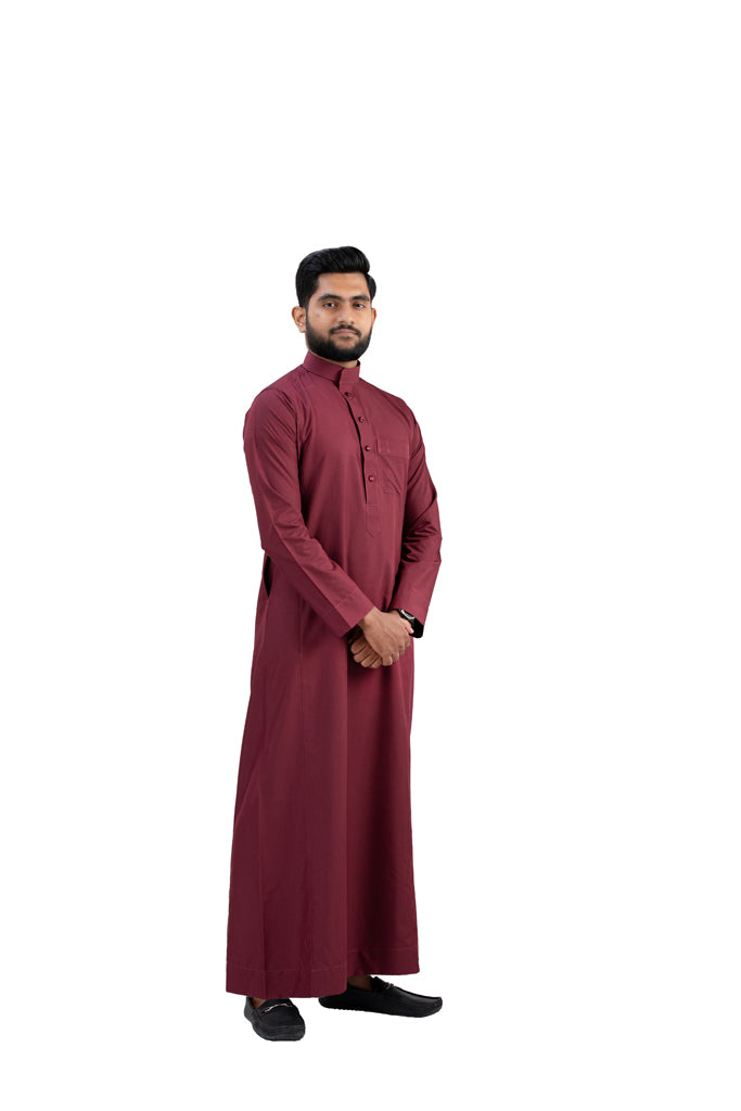 Premium Maroon Cotton Thobe - Side Angle Detail View | Authentic Islamic Clothing