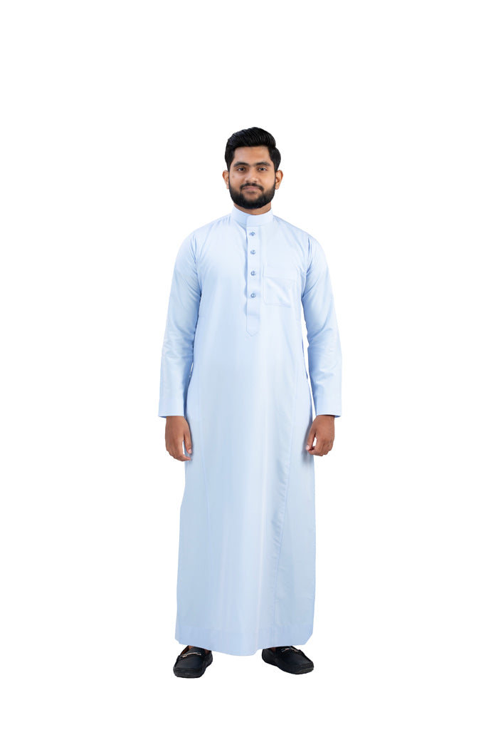 Premium Sky Blue Cotton Thobe Full Length View - Men's Islamic Wear AlMumtaz