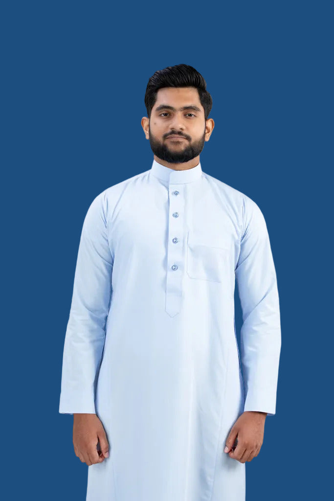 Sky Blue Cotton Thobe Embroidery Detail - Premium Quality Islamic Clothing