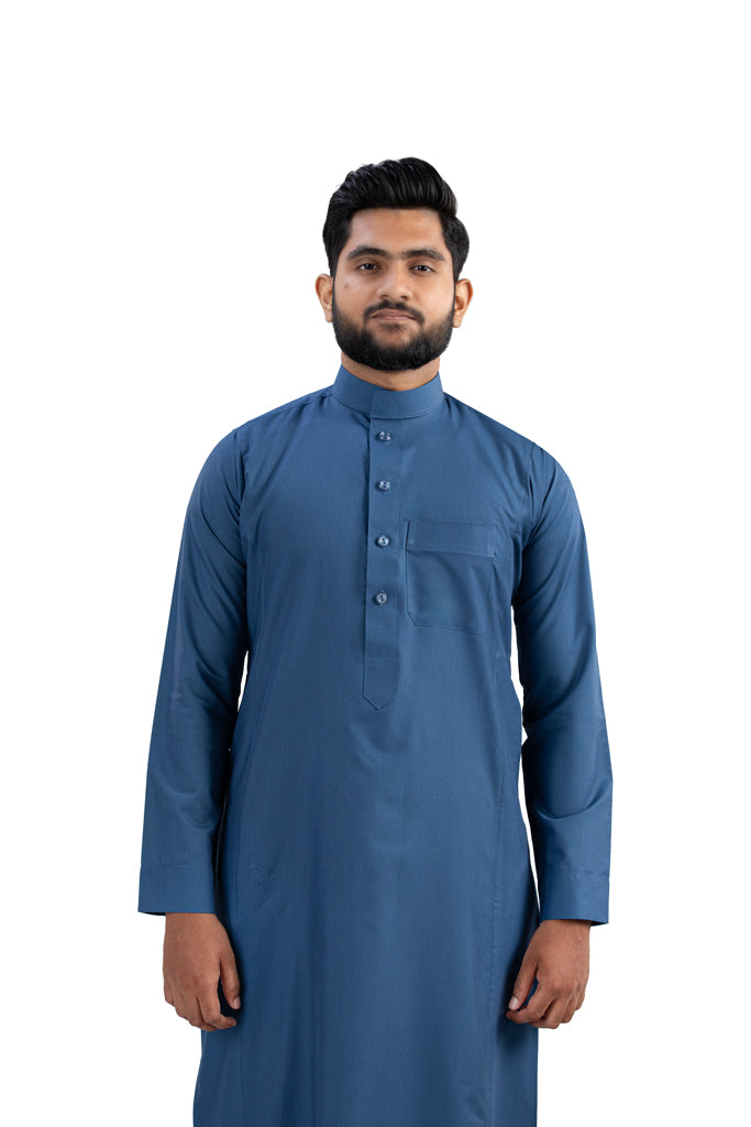 Dark Blue Cotton Thobe Embroidery Detail - Premium Quality Stitching | AlMumtaz
