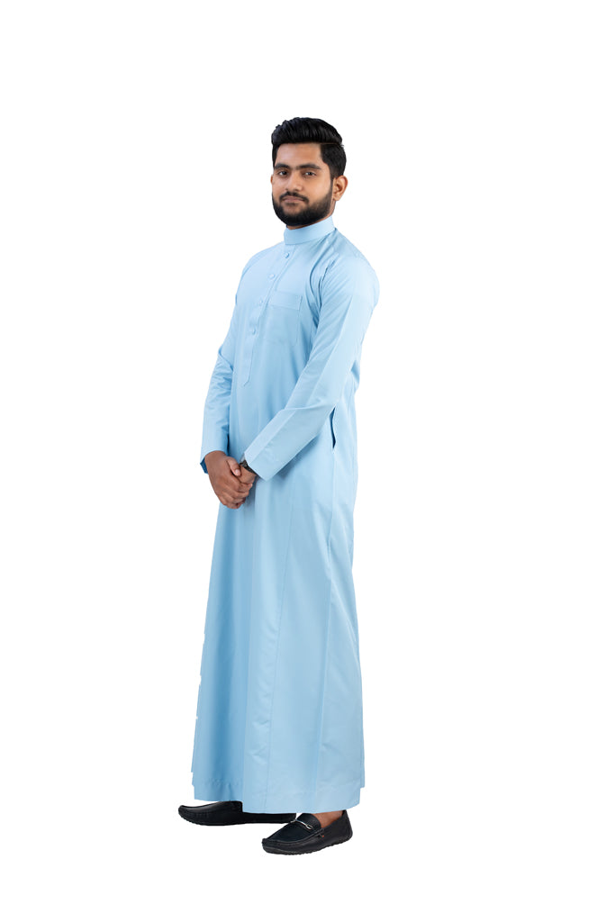 Premium Light Blue Cotton Thobe - Side Profile View Showing Elegant Design | AlMumtaz Sri Lanka