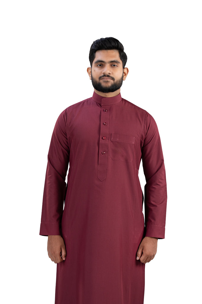 Premium Maroon Cotton Thobe - Close-up Embroidery Detail | High Quality Islamic Wear