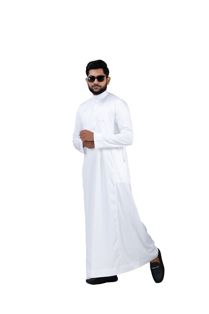 Side view of premium white Haramain thobe sri lanka showing traditional Islamic design