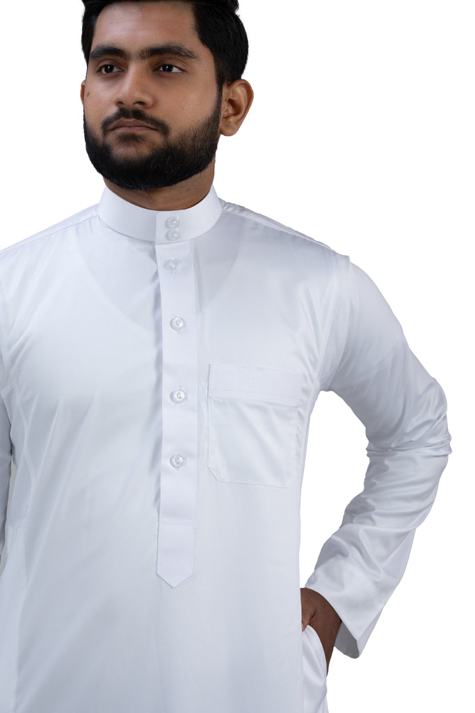 Premium white thobe SRI LANKA collar and neckline detail showing